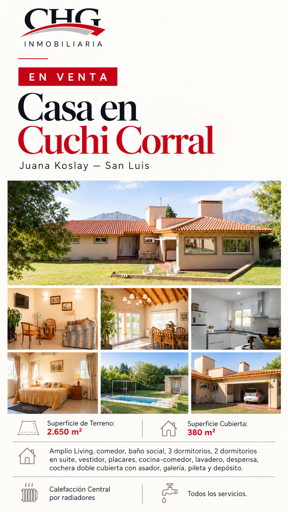Exterior de la casa en Cuchi Corral, con jardín y vista a las sierras